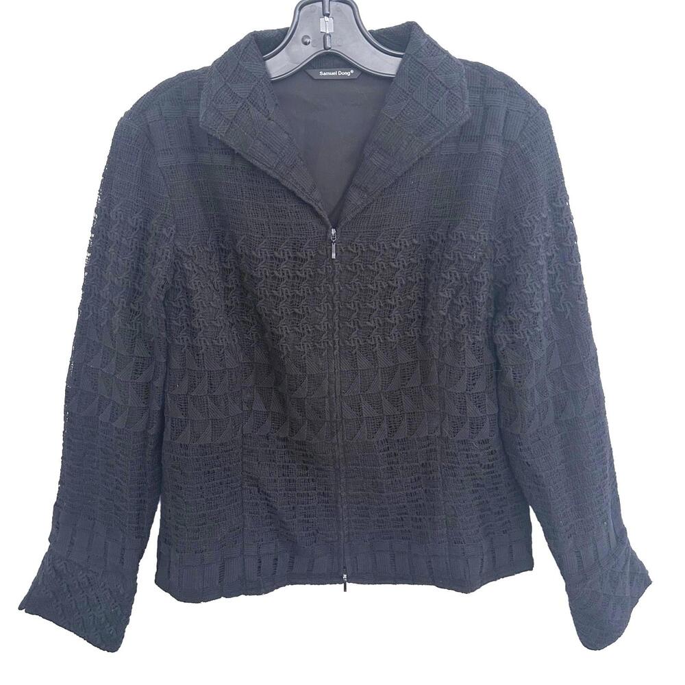 Samuel Dong Black Textured  Embroided Zip-Up Jacket/Blazer - XL